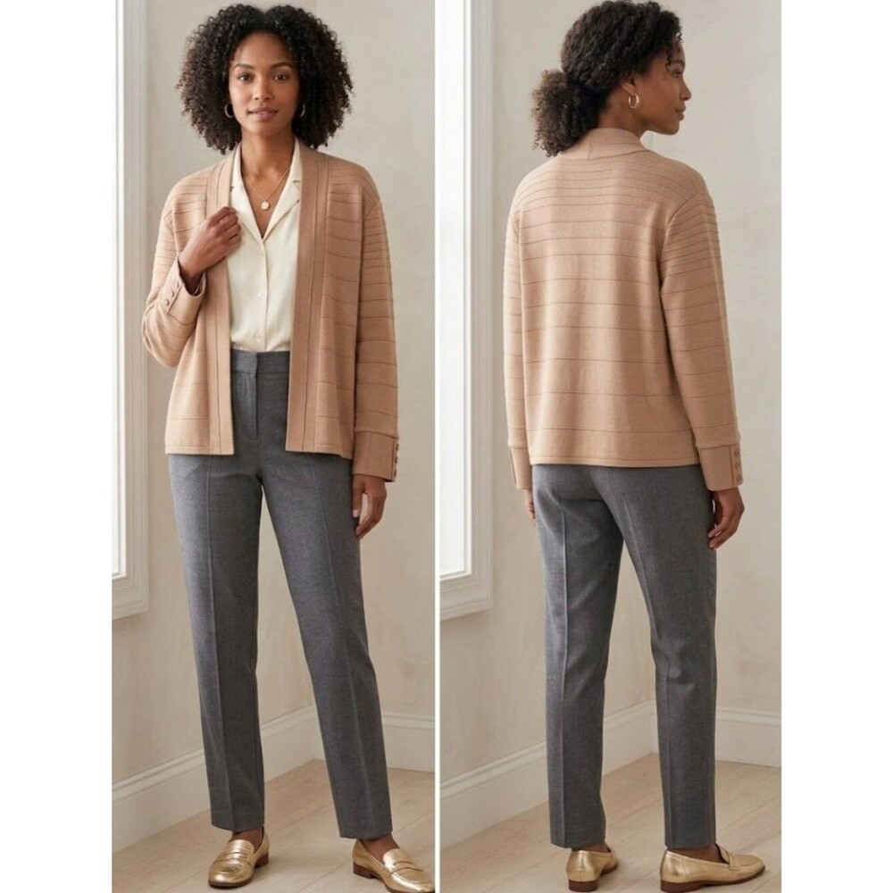 Draper's & Damon's Ottoman Stripe Cardigan Sweater Tan Camel Size PL